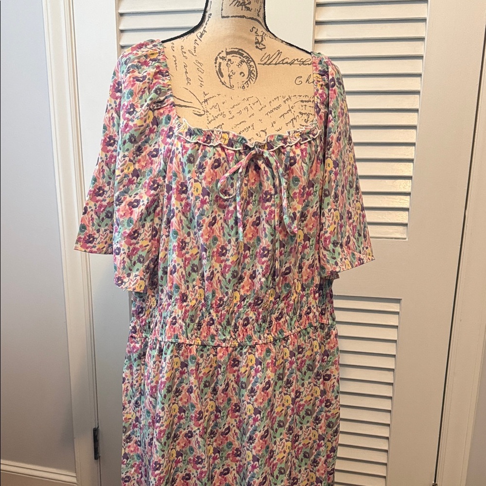BloomChic Pink Multi Floral Midi Dress with Tie Neck